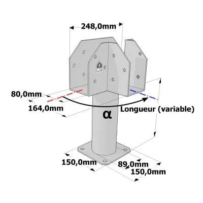 Poteau structurel OSP - D89mm - Platine haute en T 80x164x150mm - Embase 150x150mm